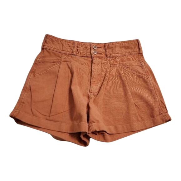 Anthropologie High Waist Pleated Shorts, Orange Rolled Cuff Shorts with Pockets - Picture 2 of 11